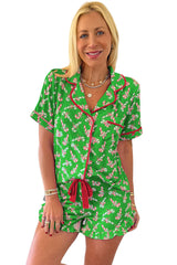 Green Christmas Candy Cane Print Ruffle Hem Pajama Set