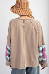 Light French Beige Flower Striped Patchwork Sleeve Plus Size Sweatshirt