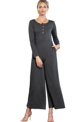 Dark Grey Henley Long Sleeve Wide Leg Jumpsuit with Pockets