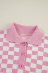 Pink Checkered Buttons Collar V Neck Drop Shoulder Sweater