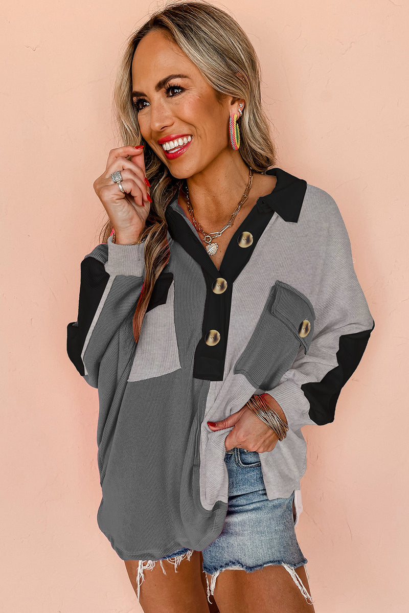 Gray Colorblock Patchwork Ribbed Oversized Henley Sweatshirt