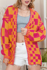 Rose Red Colorblock Checked Open Front Knitted Cardigan