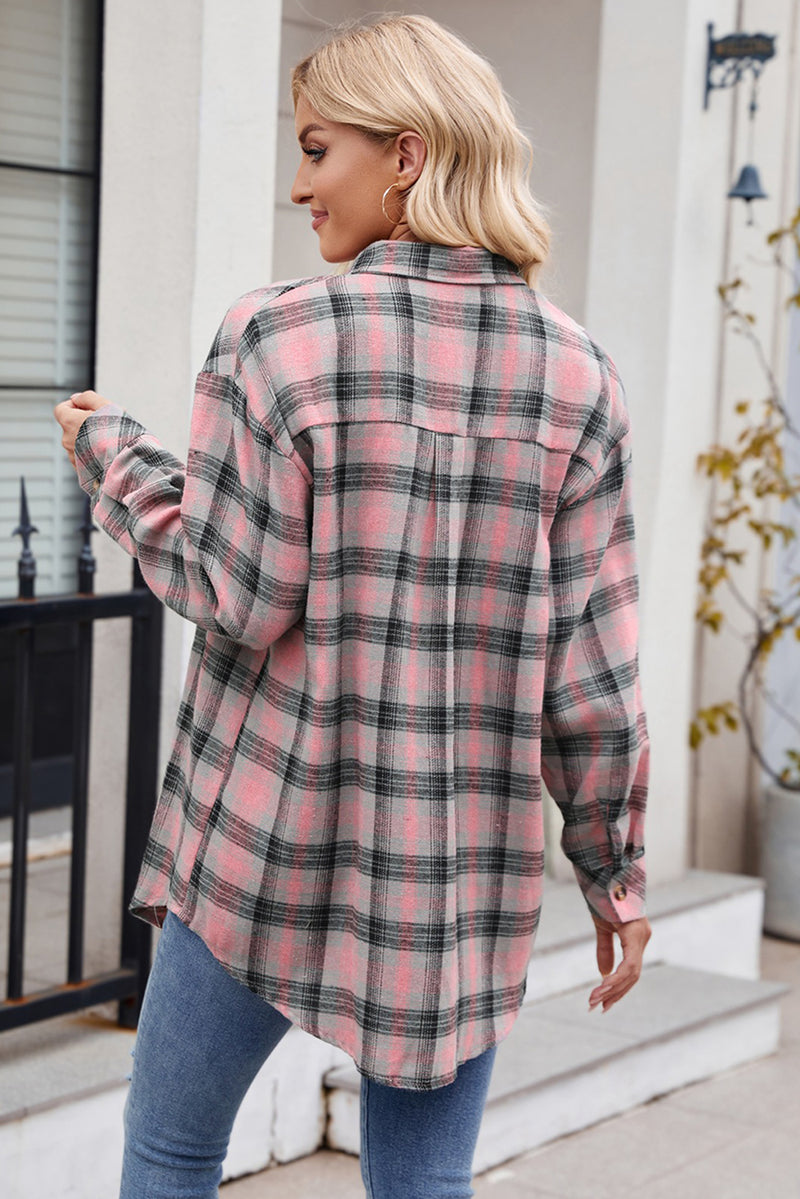 Pink Plaid Print Button Up Round Hem Shirt