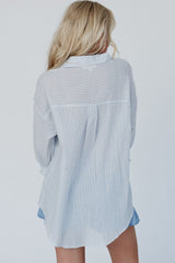 Sky Blue Striped Pleated Long Sleeve Peplum Shirt