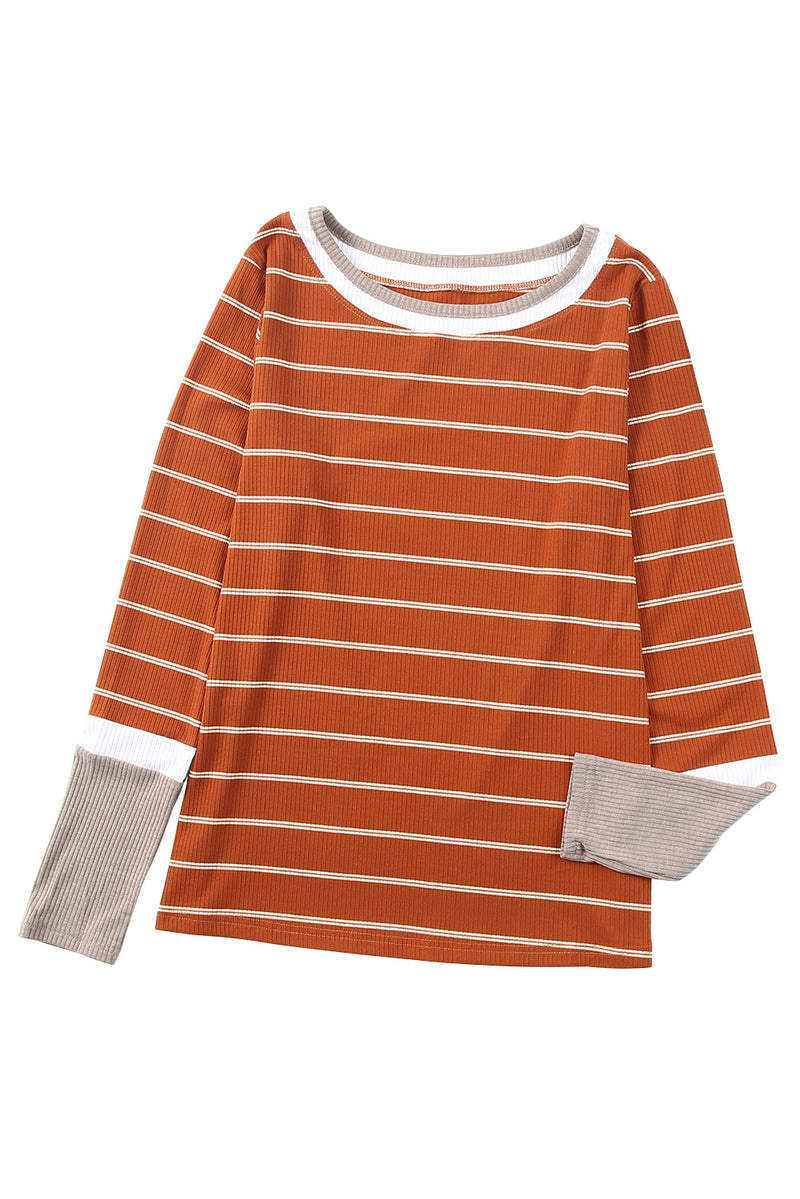 Brown Contrast Spliced Colorblock Cuffed Rib Knit Top