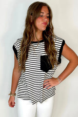 Black Stripe Chest Pocket Patch Round Neck Sleeveless Tee