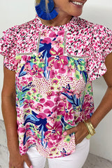 Pink Floral Mixed Print Ruffle Cap Sleeve Blouse