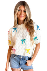 White Colorful Bow Knit Short Sleeve Sweater