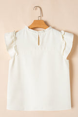 White Solid Color Ruffle Trim Waffle Textured Blouse