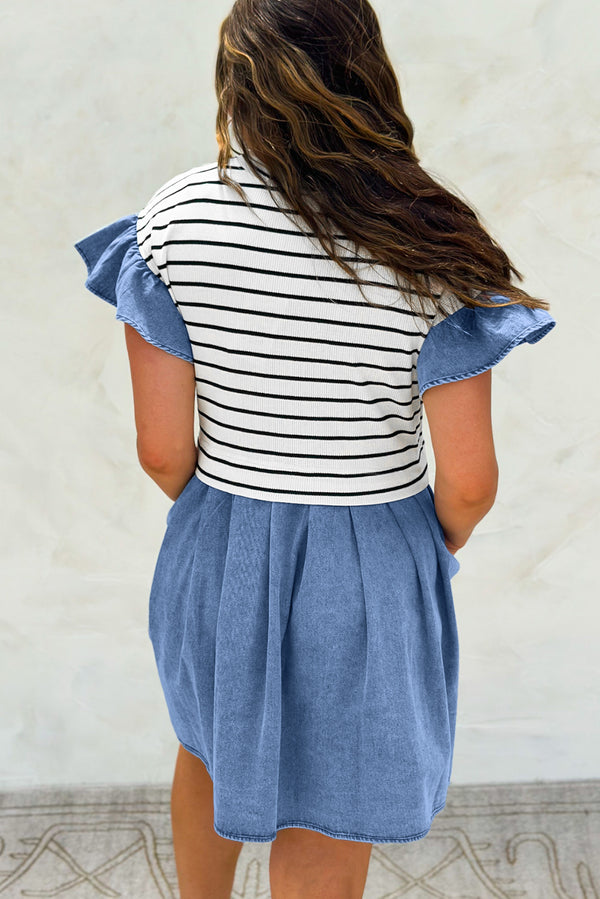 Black Stripe Ruffle Denim Patchwork Round Neck Mini Dress