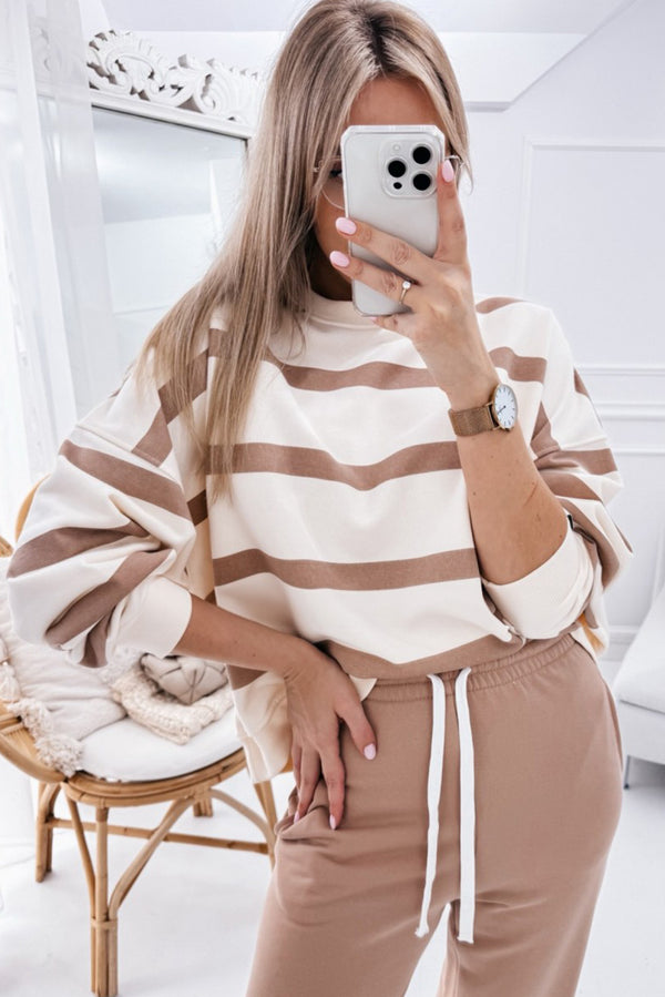 Light French Beige Striped Drop Shoulder Pullover and Jogger Pants Set