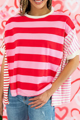 Pink Stripe Patchwork Side Split Loose T Shirt