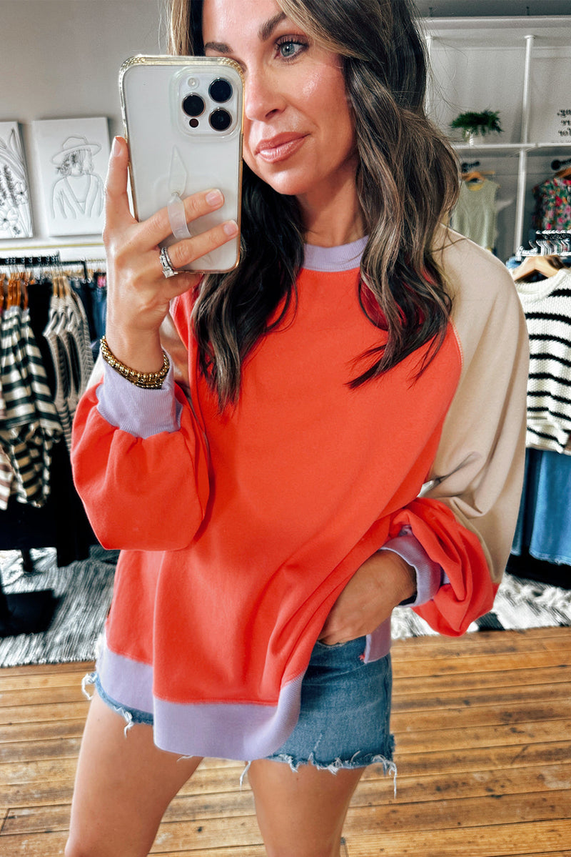 Orange Color Block Side Slits Raglan Sleeve Loose Fit Top