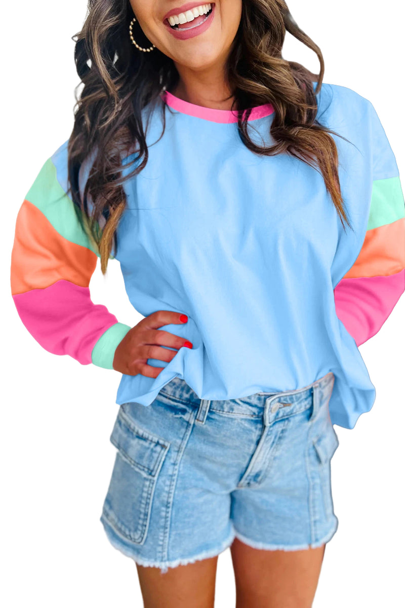 Dark Blue Color Block Sleeve Loose Fit Top