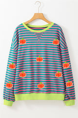 Sky Blue Stripe Glitter Halloween Pumpkin Print Oversized Sweatshirt