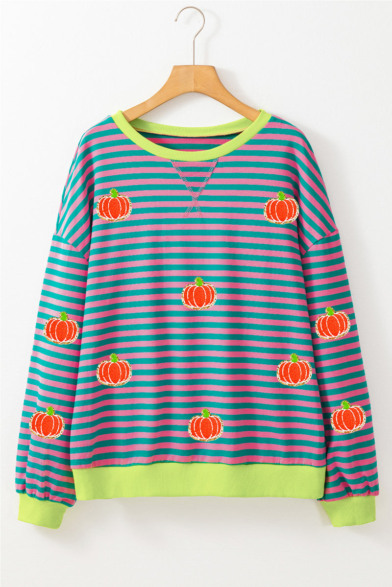 Sky Blue Stripe Glitter Halloween Pumpkin Print Oversized Sweatshirt