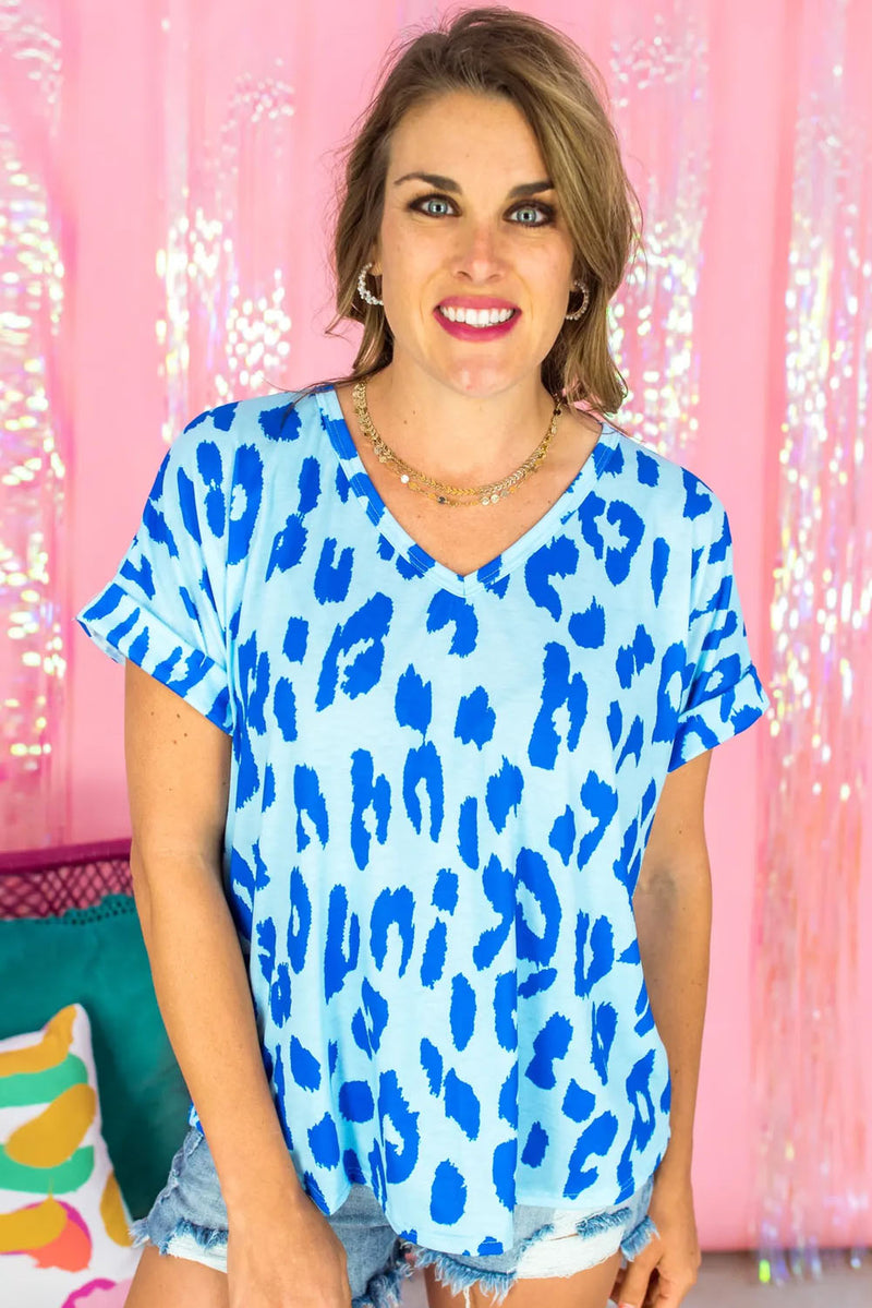 Sky Blue Leopard Print V Neck Plus Size T Shirt