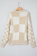 Flaxen Plaid Knitted Drop Shoulder Sweater