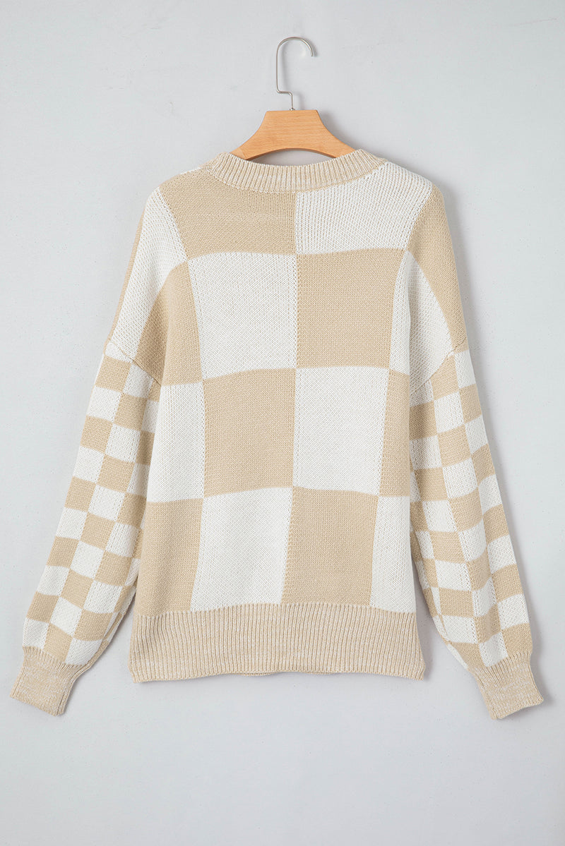 Flaxen Plaid Knitted Drop Shoulder Sweater