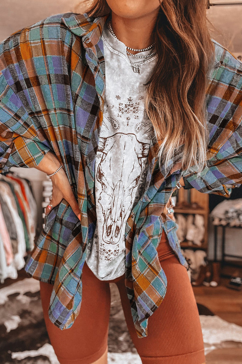 Orange Plaid Print Pocket Loose Shirt