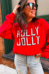 Red HOLLY JOLLY Dotty Letter Graphic Christmas Sweatshirt