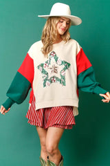 Apricot Sequin Christmas Star Color Block Sleeve Side Slits Sweatshirt