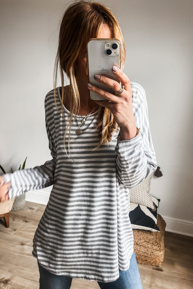 Gray Stripe Drop Sleeve Round Neck Oversized Top