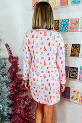 Pink Christmas Twinkle Tree Print Casual Shirt Sleep Dress