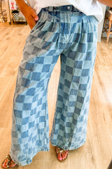 Dusk Blue Checkered Light Washed Wide Leg Jeans