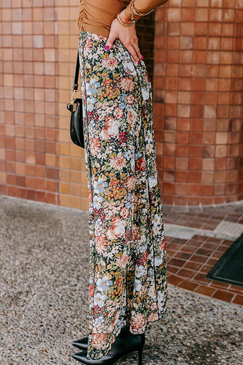 Brown Allover Floral Print Bohemian High Waist Maxi Skirt