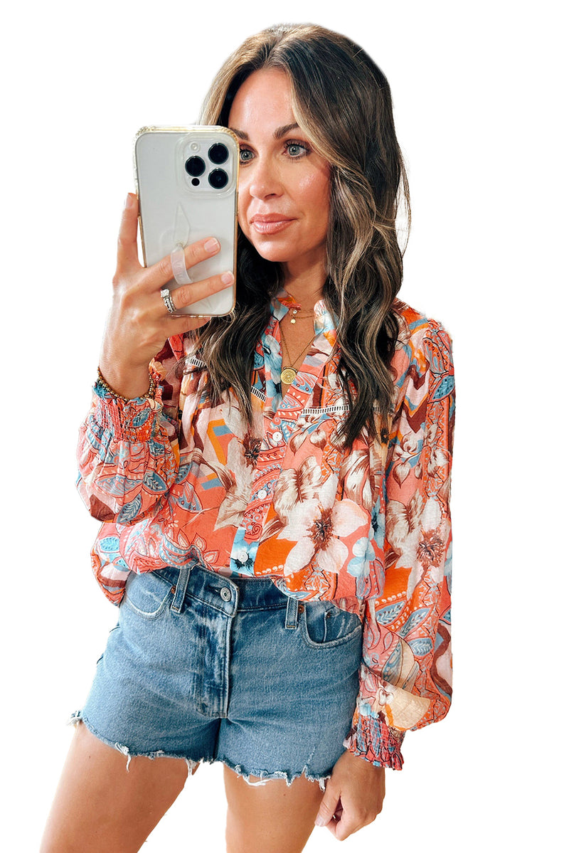 Orange Floral Print Shirred Cuff Buttoned Loose Fit Shirt