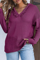 Purple Split V Neck Pullover Knit Sweater Hoodie