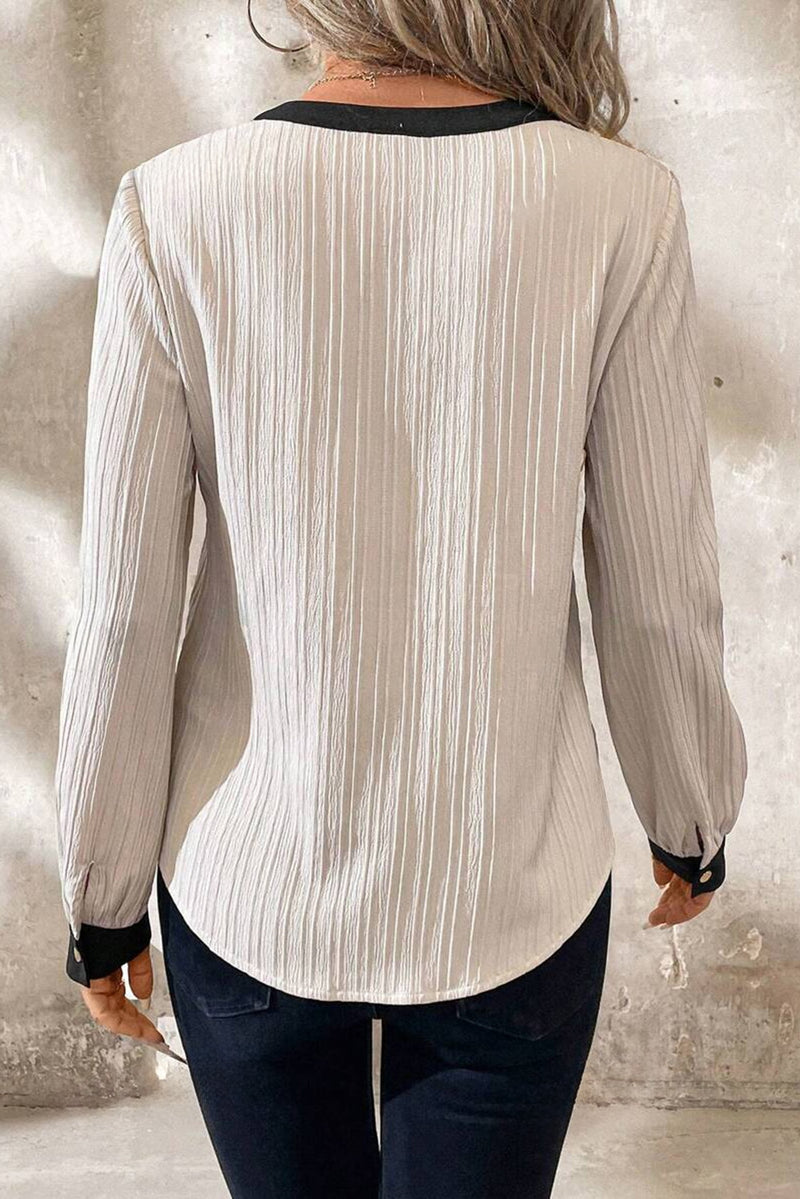 White Colorblock Edge Long Sleeve V Neck Textured Blouse