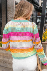 Rose Red Colorblock Striped Hollow Knitted Top