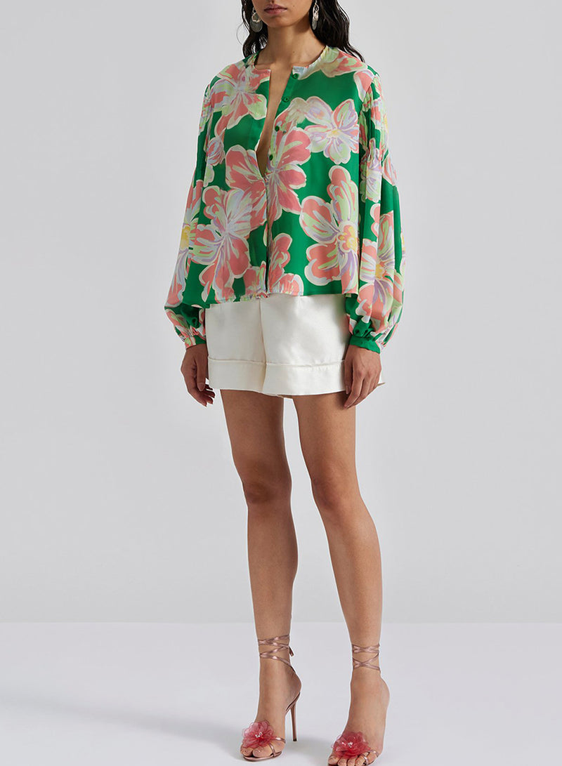 Green Floral Pleated Puff Sleeve Blouse