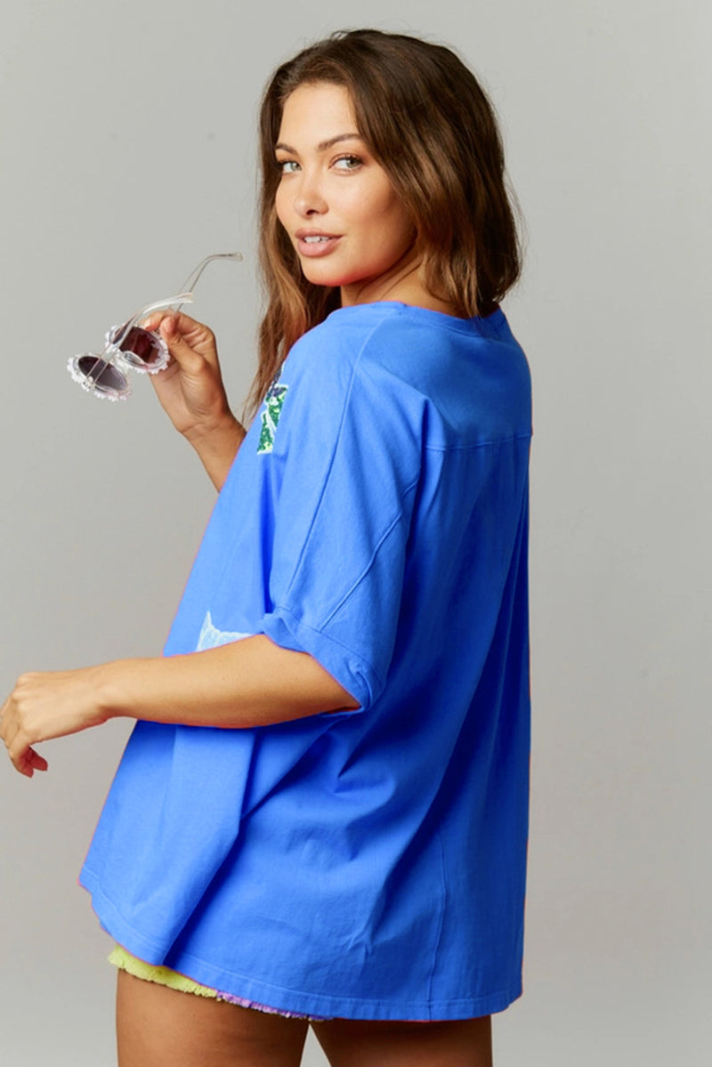 Blue Sequin Bowknot Print Round Neck Oversized T Shirt