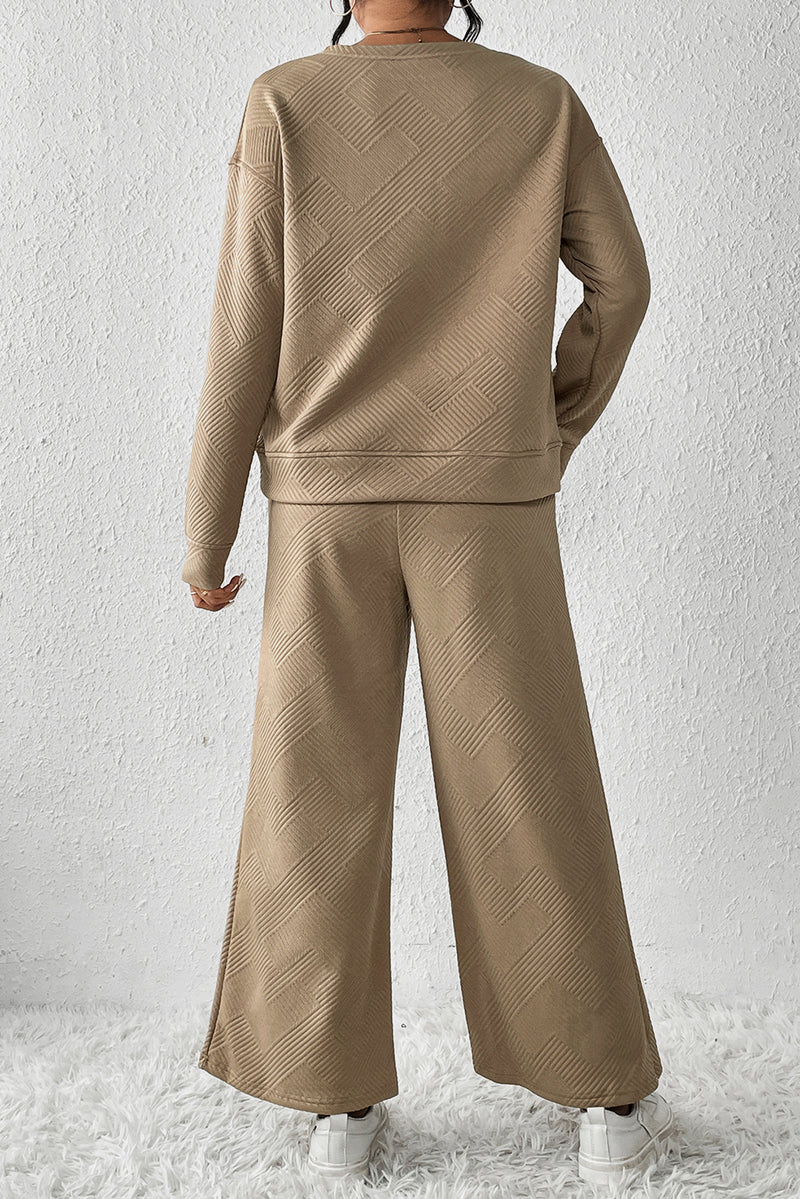 Dark Khaki Textured Loose Slouchy Long Sleeve Top and Pants Set