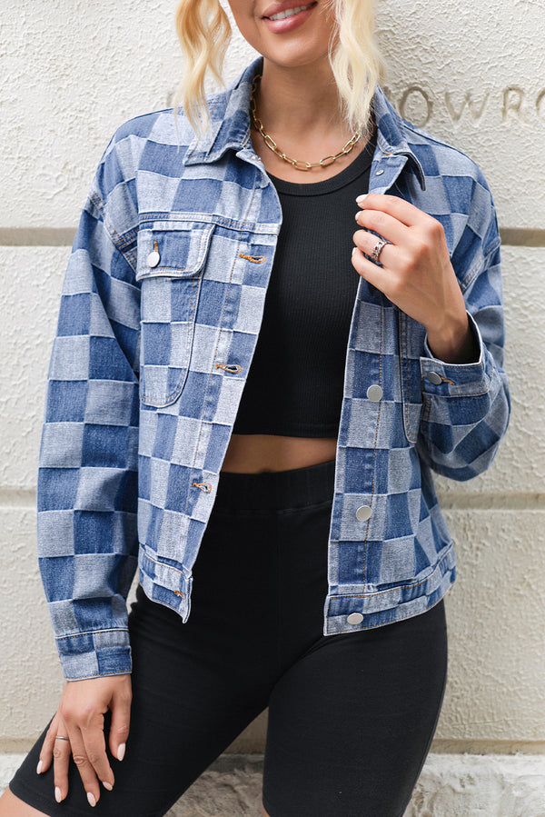 Light Blue Checkered Patchwork Button Up Denim Jacket