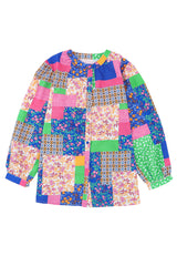 Multicolor Floral Patchwork Buttoned Puff Sleeve Shirt