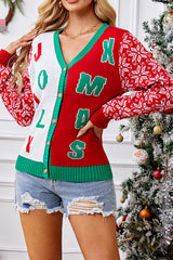 Racing Red Christmas Letter Jacquard V-Neck Knitted Cardigan