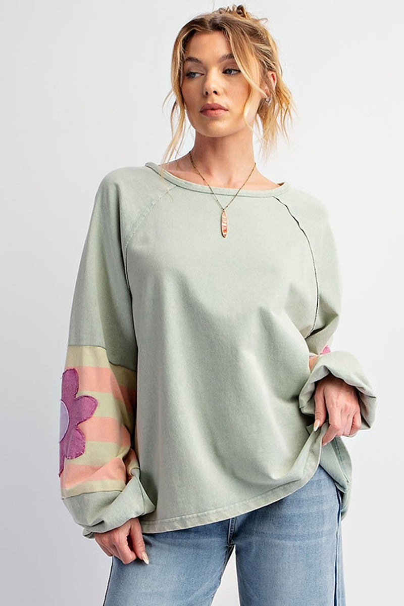 Smoke Green Flower Patchwork Exposed Seam Raglan Sleeve Top