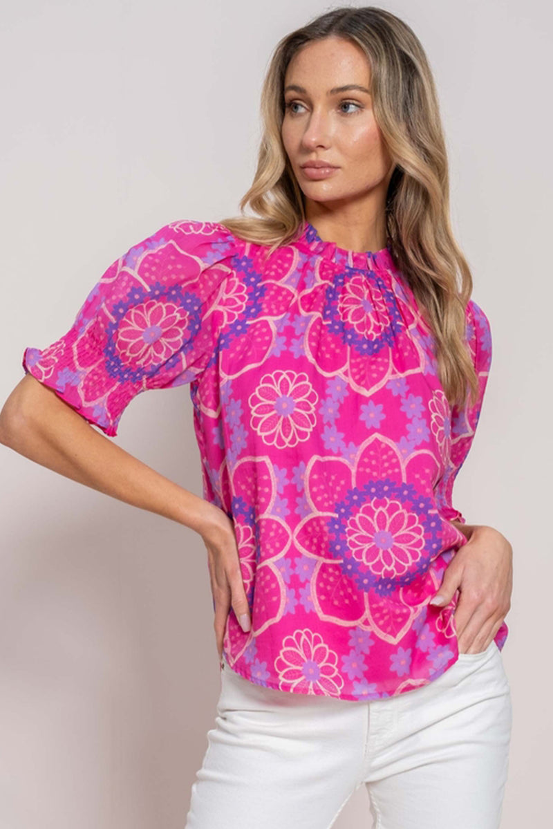 Rose Floral Print Frill Neck Smocked Cuffs Blouse