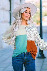 Rosy Leopard Patchwork Color Block Ribbed Long Sleeve Top