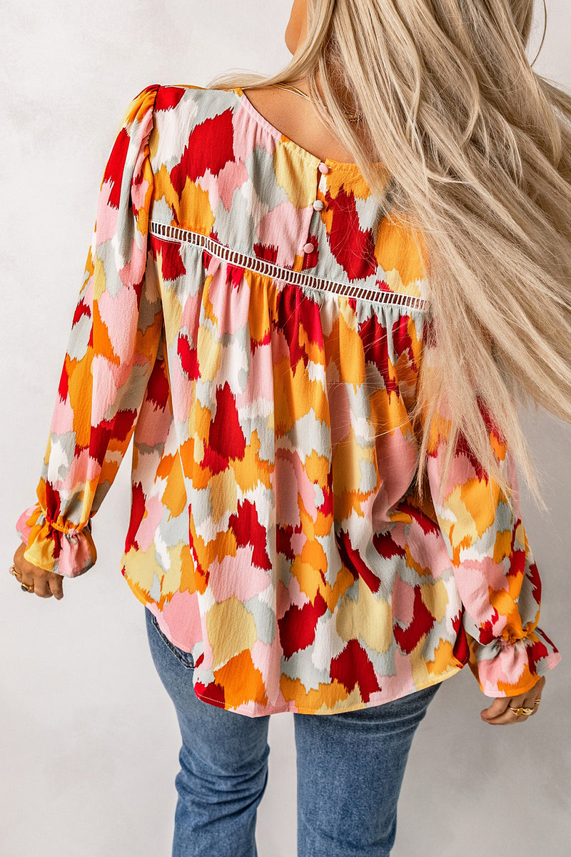 Multicolor Abstract Print Boho Ruffle Puff Sleeve Blouse