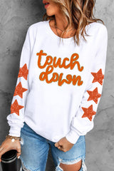 Beige Glittering Touch Down Patched Pattern Star Sleeve Sweatshirt