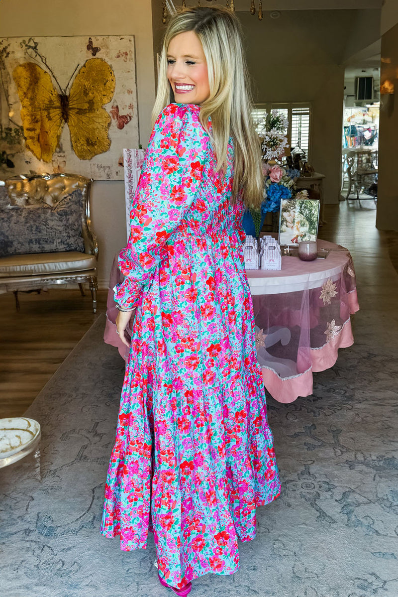 Sky Blue Boho Floral Print Smocked Lantern Sleeve Tiered Maxi Dress