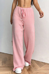 Pink Stripe Colorblock Print Cotton Drawstring Pants