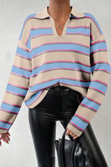 Apricot Stripe Collared V Neck Drop Shoulder Loose Sweater