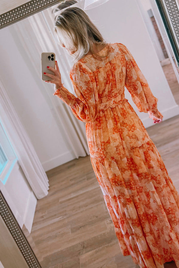 Orange Boho Floral Bishop Sleeve V Neck Tiered Maxi Dress