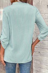 Brown Stripe V Neck Pocket Roll Up Sleeve Shirt